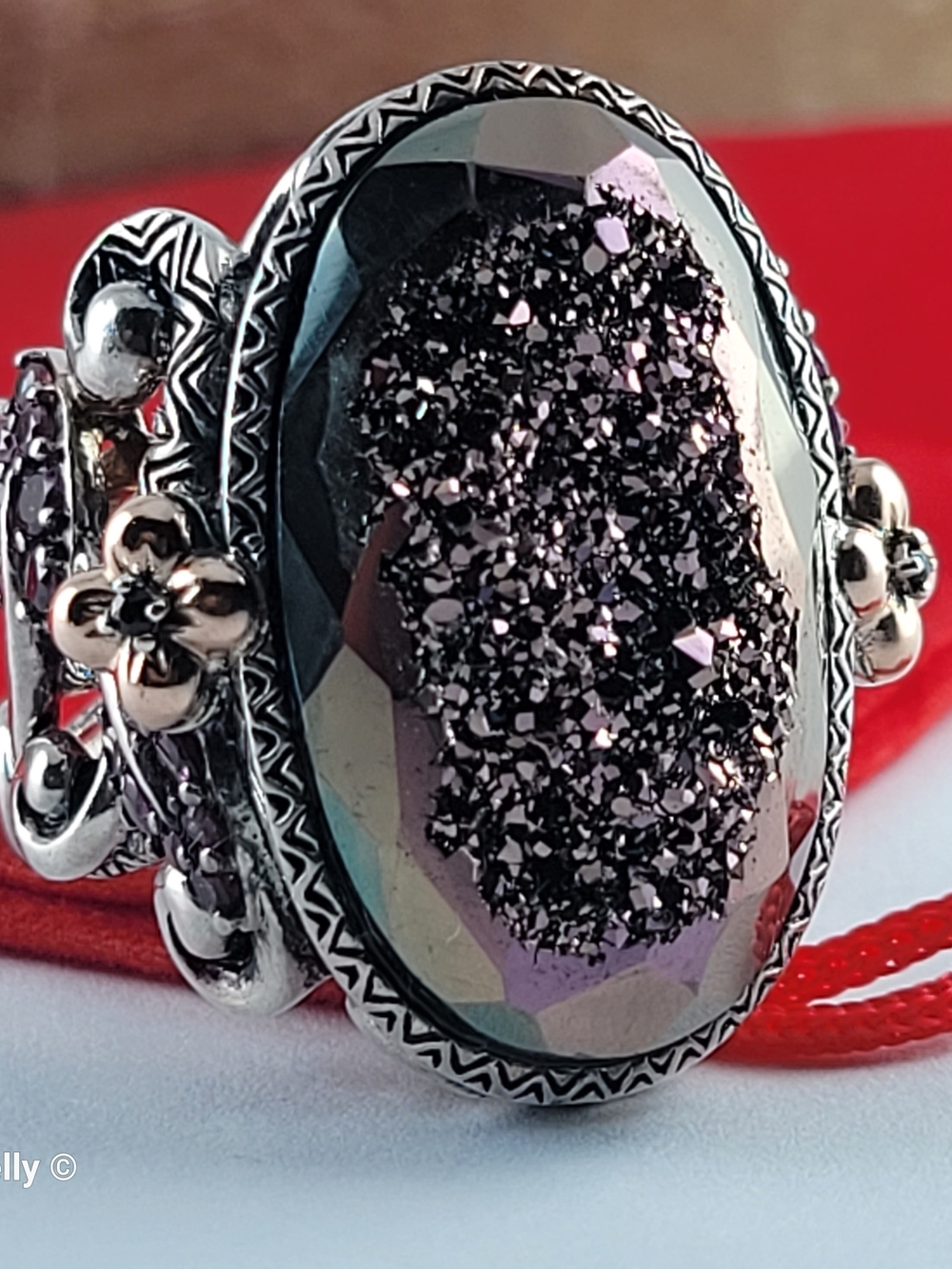 925 Sterling Silver & 18K Solid Gold, Plum Druzy Quartz, Tourmaline Ring Size 7